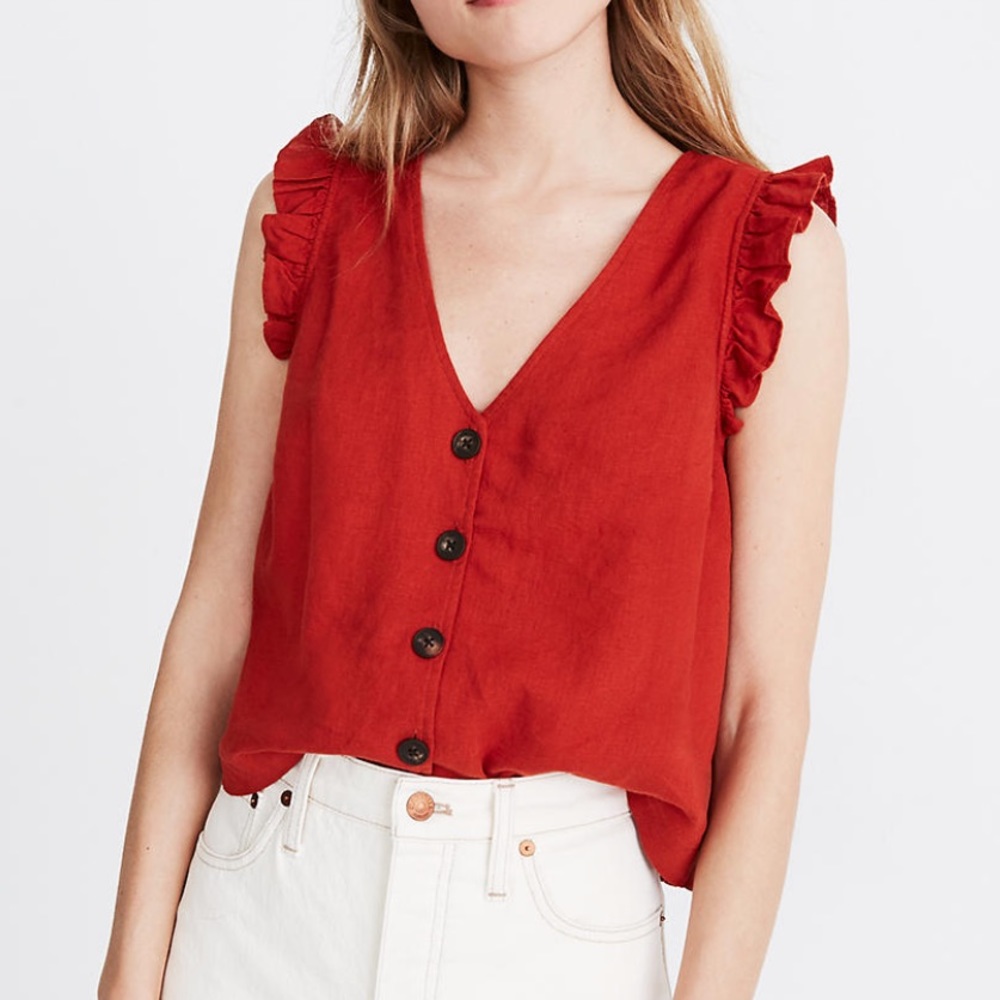 Madewell Linen Blend Ruffle Button Front Tank